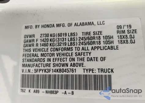 2019 Honda Ridgeline Sport from USA, damaged, VIN 5FPYK3F14KB045761